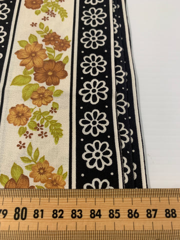 LAST 1/2m: Vintage Fabric 1970s Retro Brown Floral w/ Black Stripe Cotton Crepe