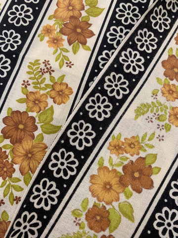 LAST 1/2m: Vintage Fabric 1970s Retro Brown Floral w/ Black Stripe Cotton Crepe