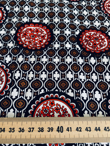 LAST 1/2m: Vintage Fabric Cotton Twill w/ Retro Red & Brown Medallions