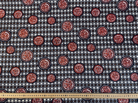 LAST 1/2m: Vintage Fabric Cotton Twill w/ Retro Red & Brown Medallions