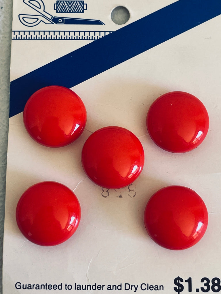 ONE SET ONLY: vintage carded Coles shiny red shank buttons 15mm x 5