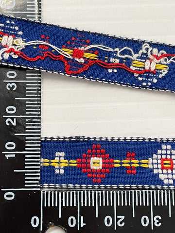7.5m LEFT: Vintage Cotton Trim 1970s Woven Braid Shapes on Navy Blue 15mm Wide