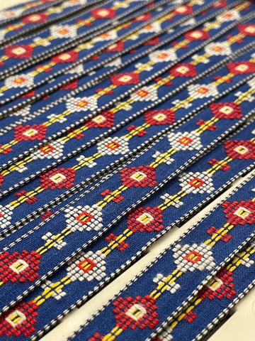 7.5m LEFT: Vintage Cotton Trim 1970s Woven Braid Shapes on Navy Blue 15mm Wide