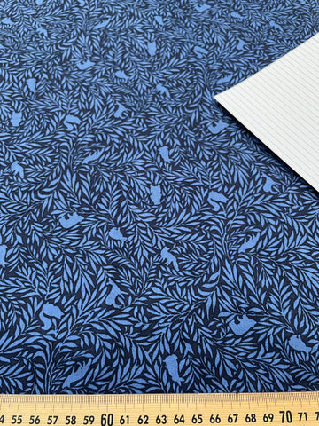 1m LEFT: Modern Fabric Cotton Japanese Lawn Blue on Blue 'Forest Friends'
