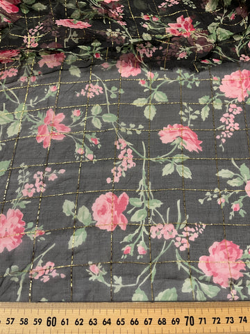 Vintage Fabric 1980s Divine Sheer Silk Blend w/ Gold Lurex Floral on Black 110cm Wide