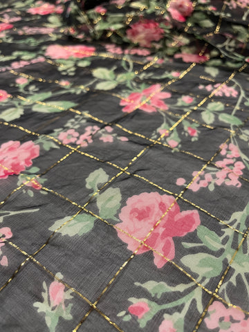 Vintage Fabric 1980s Divine Sheer Silk Blend w/ Gold Lurex Floral on Black 110cm Wide