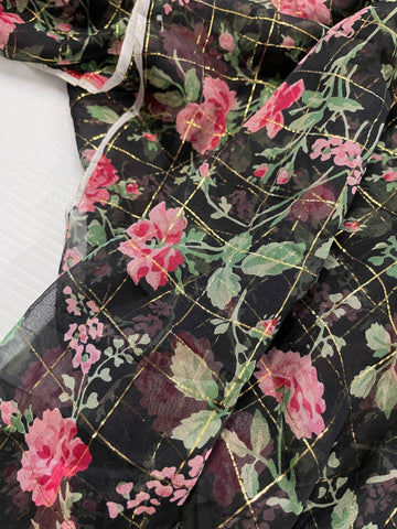 Vintage Fabric 1980s Divine Sheer Silk Blend w/ Gold Lurex Floral on Black 110cm Wide