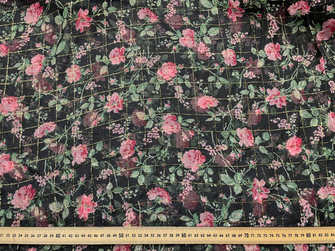 Vintage Fabric 1980s Divine Sheer Silk Blend w/ Gold Lurex Floral on Black 110cm Wide