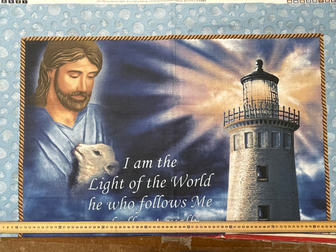 SINGLE PANEL: Modern Cranston Quilt Panel Jesus Christ Quote w/ Lighthouse 112cm x 88cm