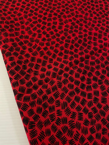 2m LEFT: The 1980s Are Calling! Deep Red w/ Black Squiggle Rayon Blend Crepe