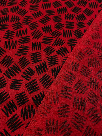 2m LEFT: The 1980s Are Calling! Deep Red w/ Black Squiggle Rayon Blend Crepe