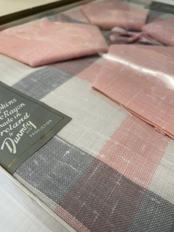 Vintage early 1960s pink grey check rayon tablecloth + 4 napkins Dunmoy Ireland NIB