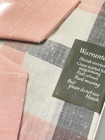 Vintage early 1960s pink grey check rayon tablecloth + 4 napkins Dunmoy Ireland NIB