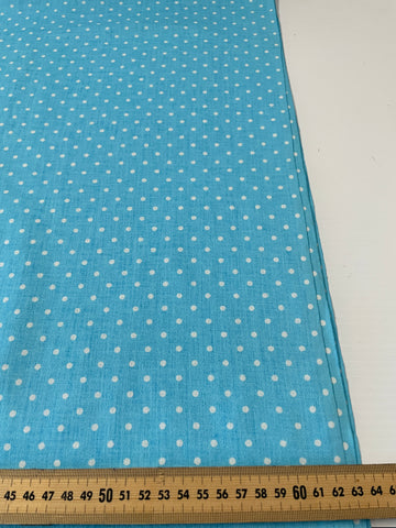 1m LEFT: Vintage Fabric 1970s Light Weight Cotton w/ Sky Blue Base & White Spots