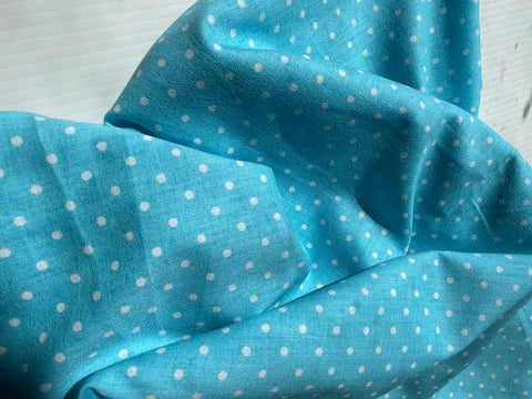 LAST 1/2m: Vintage Fabric 1970s Light Weight Cotton w/ Sky Blue Base & White Spots