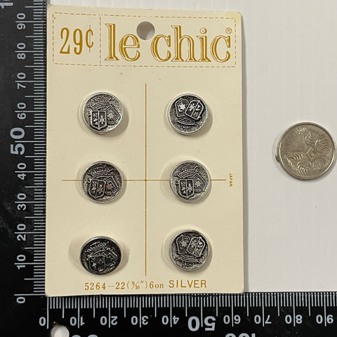 ONE SET ONLY: vintage 6 x 13mm faux metal w/ crown shields shank buttons on card Le Chic