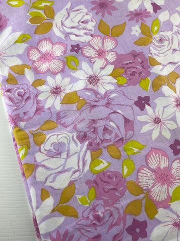 1.5m LEFT: Vintage Fabric Sheeting 1970s Retro Purple Floral Texspring 200cm wide