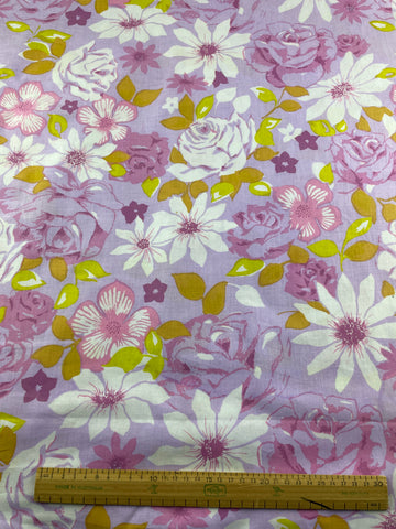 1.5m LEFT: Vintage Fabric Sheeting 1970s Retro Purple Floral Texspring 200cm wide