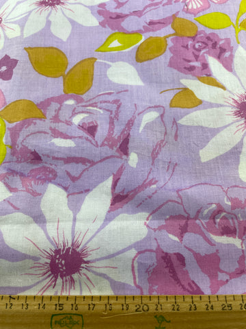 1.5m LEFT: Vintage Fabric Sheeting 1970s Retro Purple Floral Texspring 200cm wide