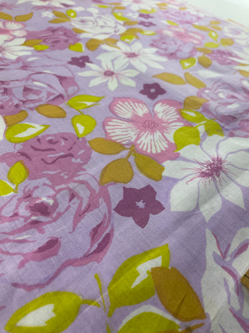 1.5m LEFT: Vintage Fabric Sheeting 1970s Retro Purple Floral Texspring 200cm wide