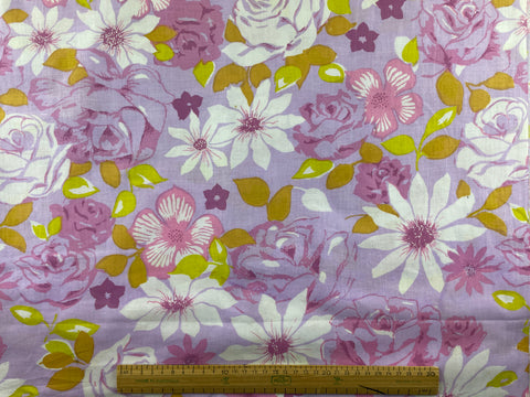 1.5m LEFT: Vintage Fabric Sheeting 1970s Retro Purple Floral Texspring 200cm wide
