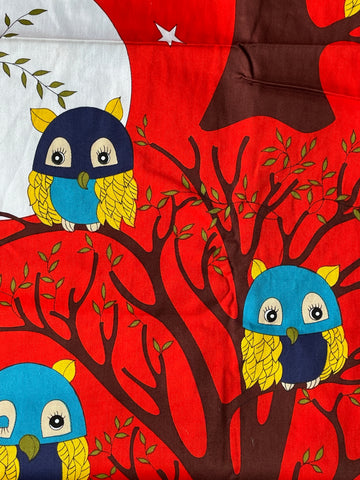 FOUR REPEATS LEFT: Vintage Fabric 1970s Owls on Red Goodnight by Richard Allen Drapery