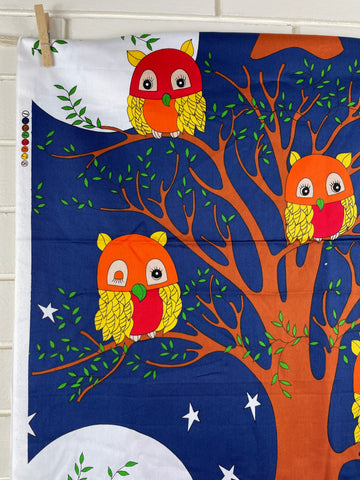 LAST REPEAT: Vintage 1970s blue retro owls Goodnight by Richard Allen gabardine fabric