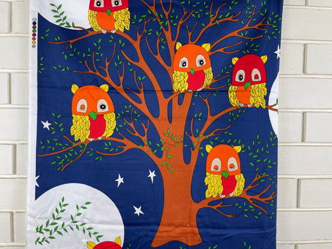 LAST REPEAT: Vintage 1970s blue retro owls Goodnight by Richard Allen gabardine fabric