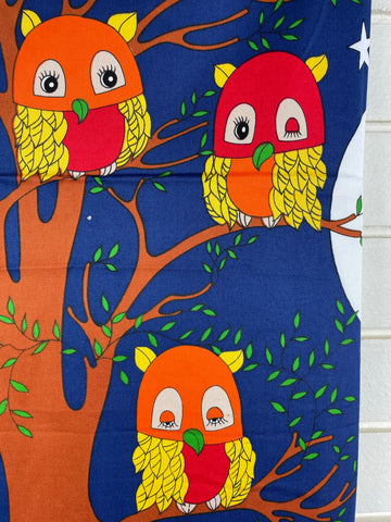 LAST REPEAT: Vintage 1970s blue retro owls Goodnight by Richard Allen gabardine fabric