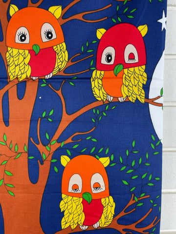 LAST REPEAT: Vintage Fabric 1970s Retro Owls on Blue Goodnight by Richard Allen