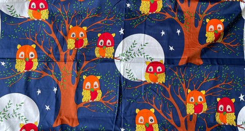 LAST REPEAT: Vintage 1970s blue retro owls Goodnight by Richard Allen gabardine fabric