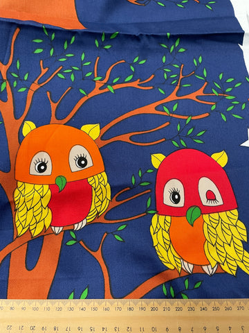 LAST REPEAT: Vintage 1970s blue retro owls Goodnight by Richard Allen gabardine fabric
