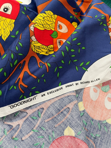 LAST REPEAT: Vintage 1970s blue retro owls Goodnight by Richard Allen gabardine fabric