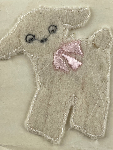 ONE ONLY: Vintage 1950s made in Switzerland fluffy lamb with pink bow applique piece 6cm