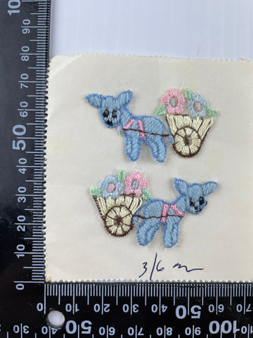 TWO LEFT: Vintage 1950s made in Switzerland detailed pair of blue donkeys with cart applique piece 4.5cm