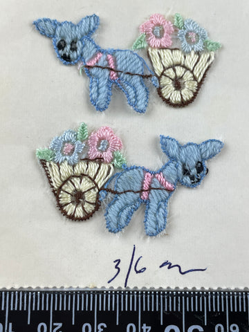 TWO LEFT: Vintage 1950s made in Switzerland detailed pair of blue donkeys with cart applique piece 4.5cm