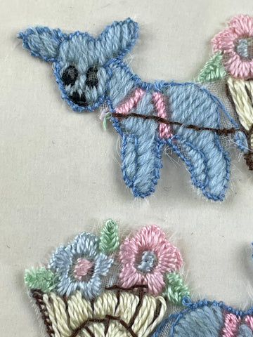 TWO LEFT: Vintage 1950s made in Switzerland detailed pair of blue donkeys with cart applique piece 4.5cm