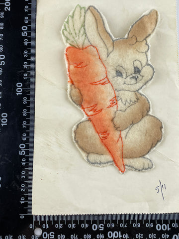 ONE ONLY: Vintage 1950s made in Switzerland fluffy rabbit w/ carrot applique piece 14cm