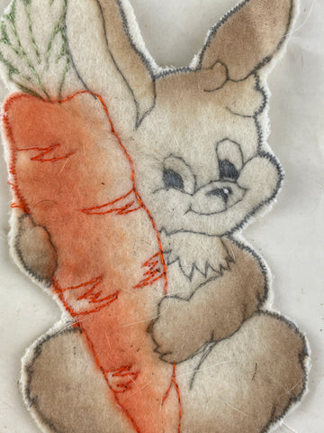 ONE ONLY: Vintage 1950s made in Switzerland fluffy rabbit w/ carrot applique piece 14cm