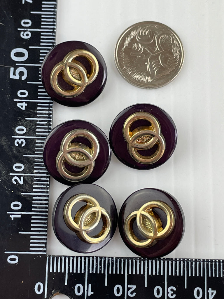 ONE SET ONLY: vintage entwined gold circles shiny purple plastic shank buttons 18mm