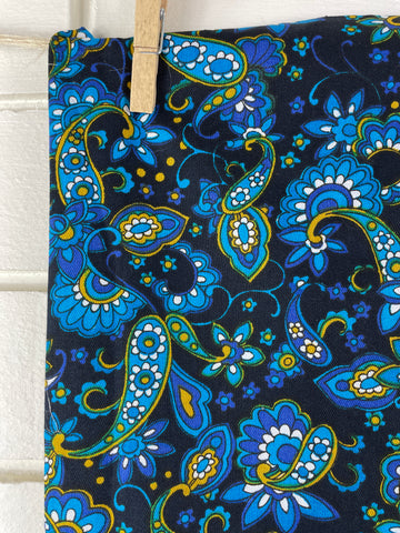 LAST PIECE: Vintage 1960s 70s flower power paisley in blue cotton drill fabric