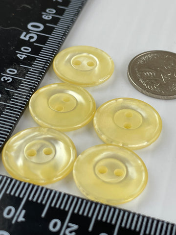 ONE SET ONLY: 5 x vintage 1970s lustrous yellow plastic 2-hole buttons 17mm