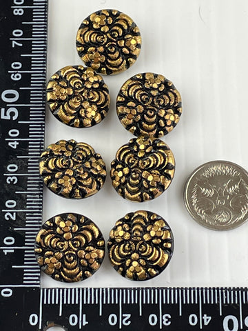 ONE SET ONLY: 7 x very vintage black glass w/ textured bronze face shank  buttons 18mm