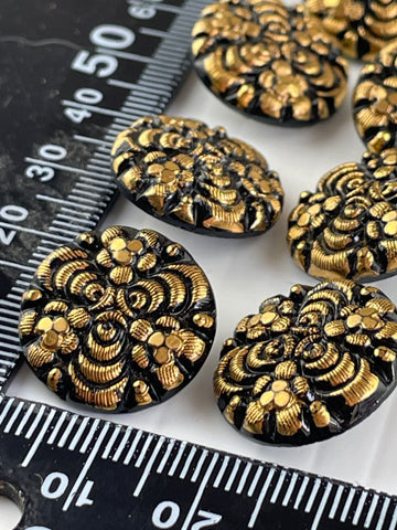 ONE SET ONLY: 7 x very vintage black glass w/ textured bronze face shank  buttons 18mm