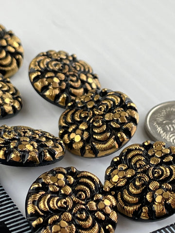 ONE SET ONLY: 7 x very vintage black glass w/ textured bronze face shank  buttons 18mm