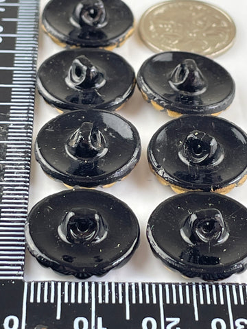 ONE SET ONLY: 7 x very vintage black glass w/ textured bronze face shank  buttons 18mm