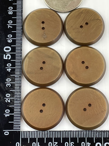 ONE SET ONLY: Vintage 6 x matte brown concave plastic 2-hole buttons 28mm