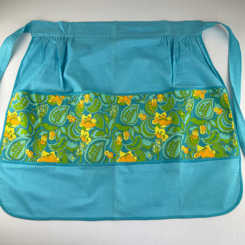 ONE ONLY: Vintage Apron Cotton 60s? Teal Blue Retro Pattern