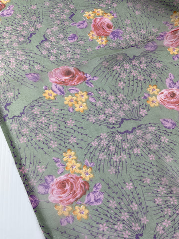 ON CLEARANCE: Modern Sheer Polyester Sage Green Purple Rose Sprays 112cm x 6m