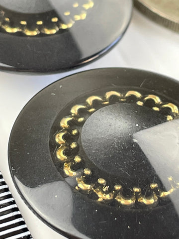 ONE SET ONLY: striking charcoal grey iridescent w/ gold detail  shank buttons 29mm